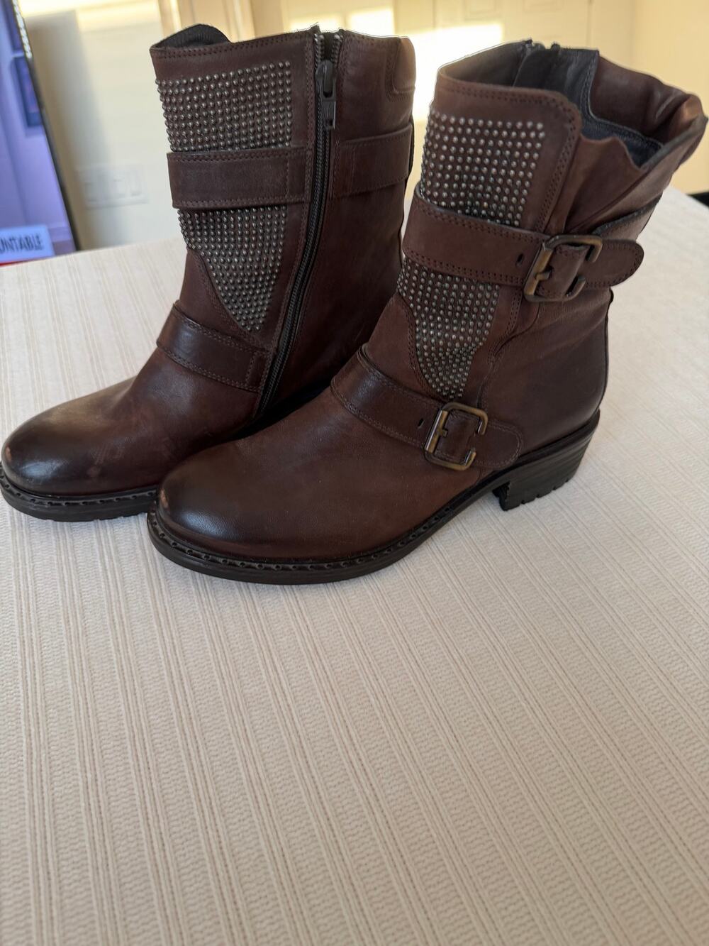 Paul Green Boston Studded Brown Leather Moto Boots - Size 7.5